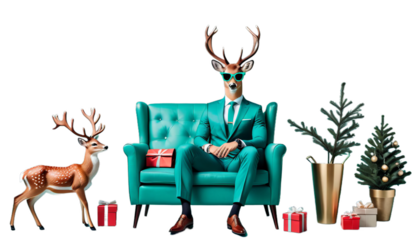 pastel xmas hipster animal sunglasses deer background chair suit banner trendy business green creative teal sitting concept boss cervid santa reindeer christmas stylish popular money wealthy lucky