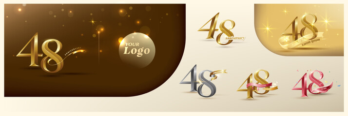 48th anniversary logotype modern gold number with shiny ribbon. alternative logo number Golden anniversary celebration