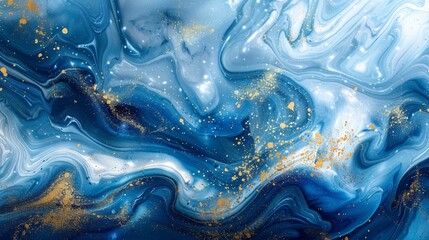 Blue and white acrylic paints with golden glitter. Liquid paint abstract background.