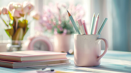 Pens and pencils in pastel colors inside a mug on the desk.