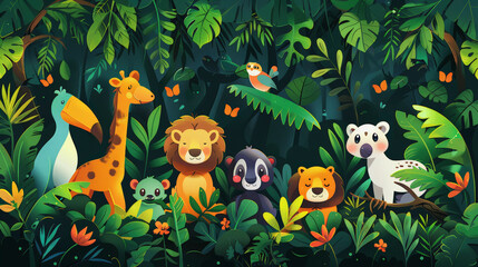 Naklejka premium This is an illustration of a vibrant jungle scene featuring cartoon animals like a giraffe, lion, panda, leopard, owl, and foliage.