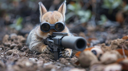 Obraz premium A whimsical photo depicting a squirrel lying on the ground behind a toy rifle, humorously appearing as if it's aiming through binoculars placed backwards.