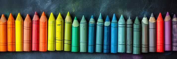 A photograph of a vibrant array of colored crayons arranged neatly on a blackboard surface