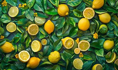 Lemons and leaves on a green background.