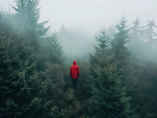 Man in Red Jacket in Misty Forest - Powered by Adobe
