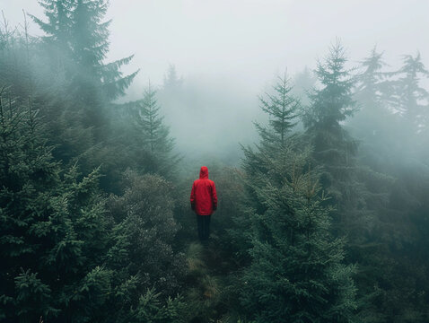 Man in Red Jacket in Misty Forest