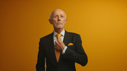 A distinguished older man in a suit with a tie and pocket square, standing against an orange background, looks thoughtful while adjusting his tie.