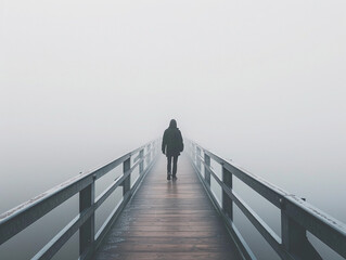 Man Walking on a Wooden Bridge in Fog