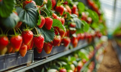 Strawberries growing in a greenhouse.