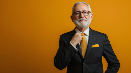 Confident senior businessman in a suit with a matching tie and pocket square, adjusting his tie on a warm, orange background.