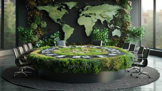 World leaders gathered around a sustainable conference table, reviewing documents crafted from recycled paper, to discuss global environmental policies.