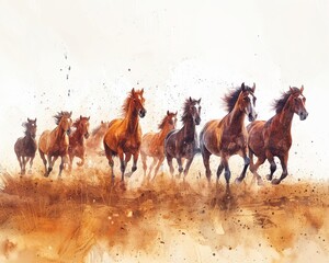 A dynamic watercolor painting of eight horses galloping across a vast plain, representing the auspicious number eight and the flow of good fortune