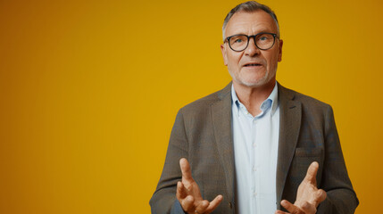 A professional adult man wearing glasses, a blazer, and a white shirt, standing against a yellow background, appears to be speaking or gesturing.