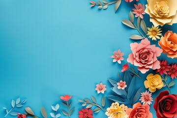 Artistic display of colorful paper flowers on electric blue background