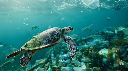 Obraz premium Endangered Species Day. Sea turtles have difficulty swimming due to marine pollution with plastic waste