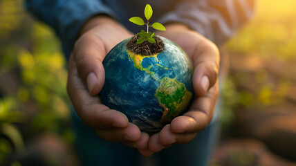 An image of a person holding a globe with vibrant plant sprouts, symbolizing environmental stewardship