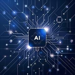 A blue background with a large square with the letters AI on it. The square is surrounded by many lines and dots. Generative AI