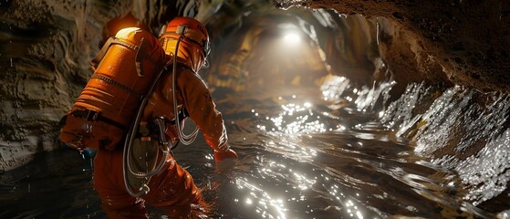 A cave explorer in bright orange gear carefully navigates a narrow dark cavern