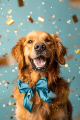 A cheerful golden retriever with a blue bow tie against a light blue backdrop, gold confetti falling around