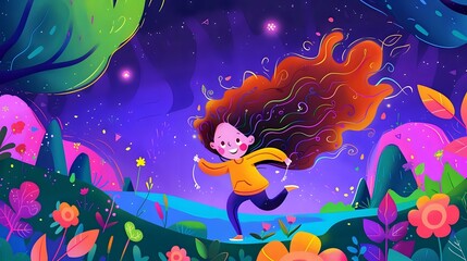 Happy woman running through vibrant natural scenery with a joyful expression