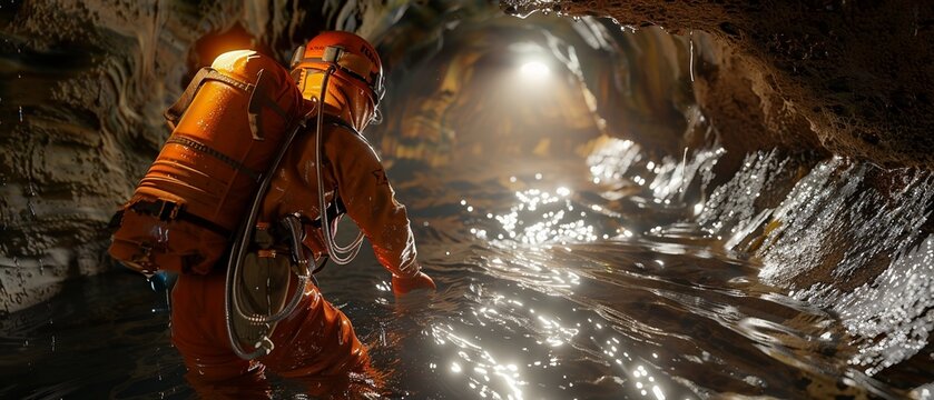 A cave explorer in bright orange gear carefully navigates a narrow dark cavern