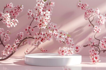 Background podium 3D spring flower product beauty pink display nature. 3D podium stand background scene floral mockup cosmetic white blossom summer abstract shadow platform minimal design render stage