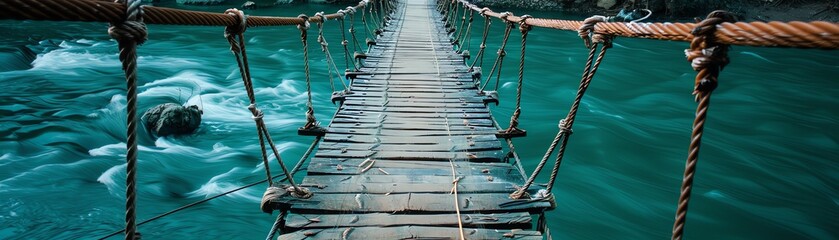 A suspension bridge made of ropes and wooden planks crosses over a serene turquoise river, inviting a daring journey toward exploration