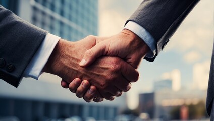 Two businessmen shaking hands greeting each other. Businessmen making handshake with partner.
