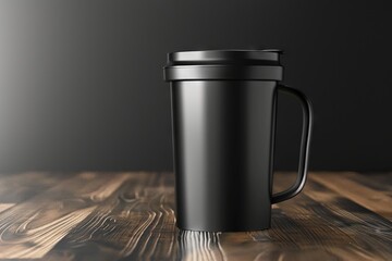 A black travel mug on a wooden table.