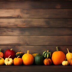 Wooden background with pumpkins of various sizes and colors. Generative AI.