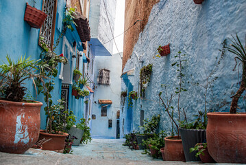 Beautiful moroccan blue streets in Chefchaouen. Bue city in Morocco with blue walls, architectural details, colorful flower pots and household items