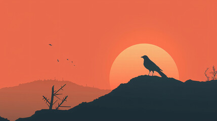 A bird sitting on a rock in the sunset
