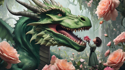 Majestic Green Dragon Showering Affection on a Tyrannosaurus Amidst Towering Flowers