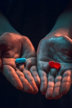 Hands holding a blue and a red pill shallow depth of field