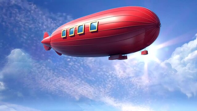 Red zeppelin flying on blue sky