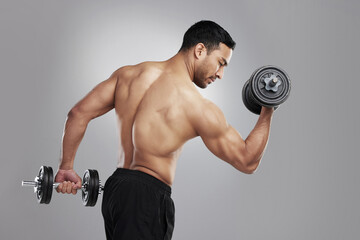 Asian man, dumbbell and weightlifting or strong arms on studio grey background, biceps or athlete....