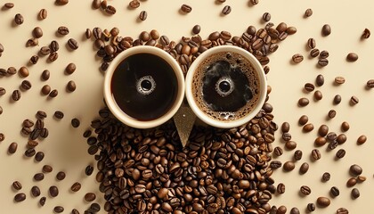 Owl created from coffee beans with two cups of black coffee for eyes, beige background, centered with scattered beans - Powered by Adobe
