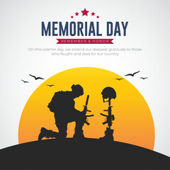 Happy Memorial Day Post and Banner Design. Memorial Day USA Celebration with Text and Soldier Kneeling Vector Illustration