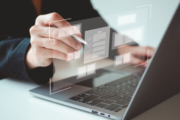 Document management and checklist concept, Businessman show e-document on email online management on virtual screen automation to efficiently document paperless operation technology