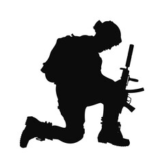 Soldier Kneeling Silhouette Vector and Clipart. Military Soldier with Gun Kneeling Showing Remember and Honor Concept