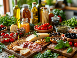 A table with various types of food and ingredients.