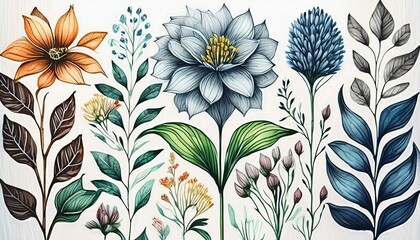 Painted flowers and plants in watercolor and ink linocut style - obrazy, fototapety, plakaty