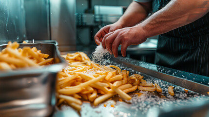 A man is sprinkling salt on french fries. - obrazy, fototapety, plakaty