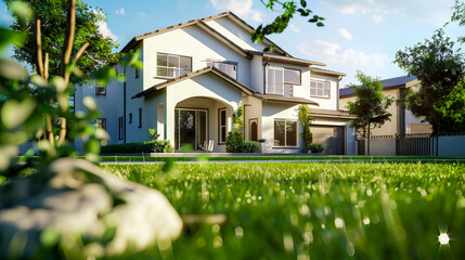 A beautiful house with grass and trees in the background. - obrazy, fototapety, plakaty