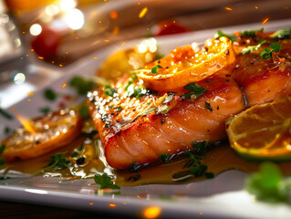 A plate of salmon with lemon and oranges. - obrazy, fototapety, plakaty