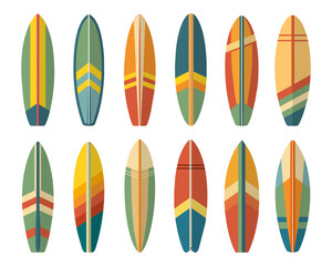 Set of surfboards. Summer surfboard elements in colorful pattern design isolated on white background. Vector