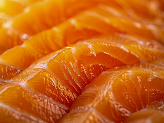 A close up of salmon slices on a white plate. - obrazy, fototapety, plakaty