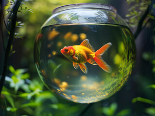 A goldfish in a glass bowl. - obrazy, fototapety, plakaty