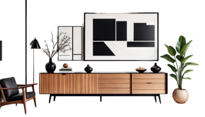 room wooden interior 3d poster sideboard wall panelingwhite black modern design created rendering home contemporary living furniture house bedchamber bed chair bathroom luxury decor table lamp window