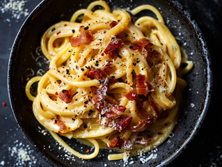 A plate of pasta with bacon and parmesan. - obrazy, fototapety, plakaty